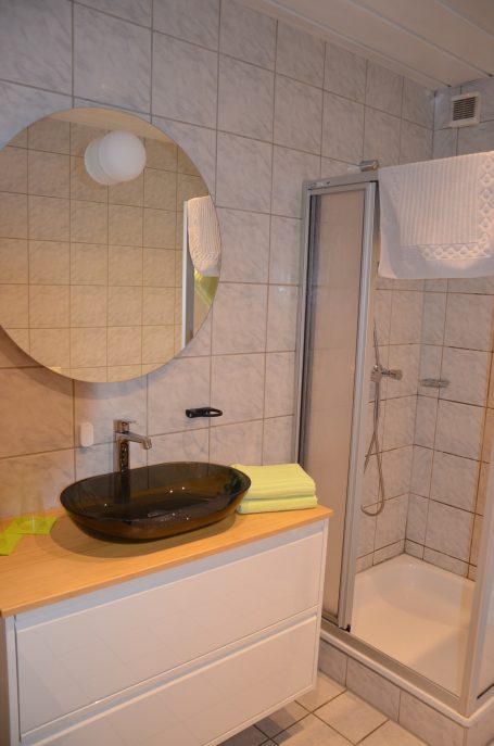 Bad im Doppelzimmer Badezimmer im Doppelzimmer der Pension Zum Zacherwirt in Hengersberg